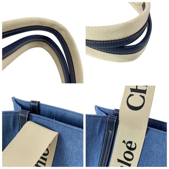 Chloe Woody Medium Tote Bag Blue Cream Denim Leather Tote Bag 671-073125 - Picture 7 of 14